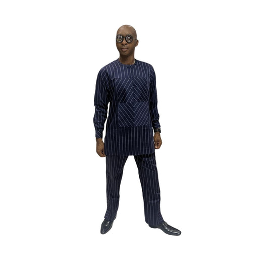 Traditional Suit featuring a navy blue pinstripe pattern with a unique diagonal-stripe geometric chest panel and matching straight-leg trousers