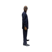 Traditional Suit featuring a navy blue pinstripe pattern with a unique diagonal-stripe geometric chest panel and matching straight-leg trousers