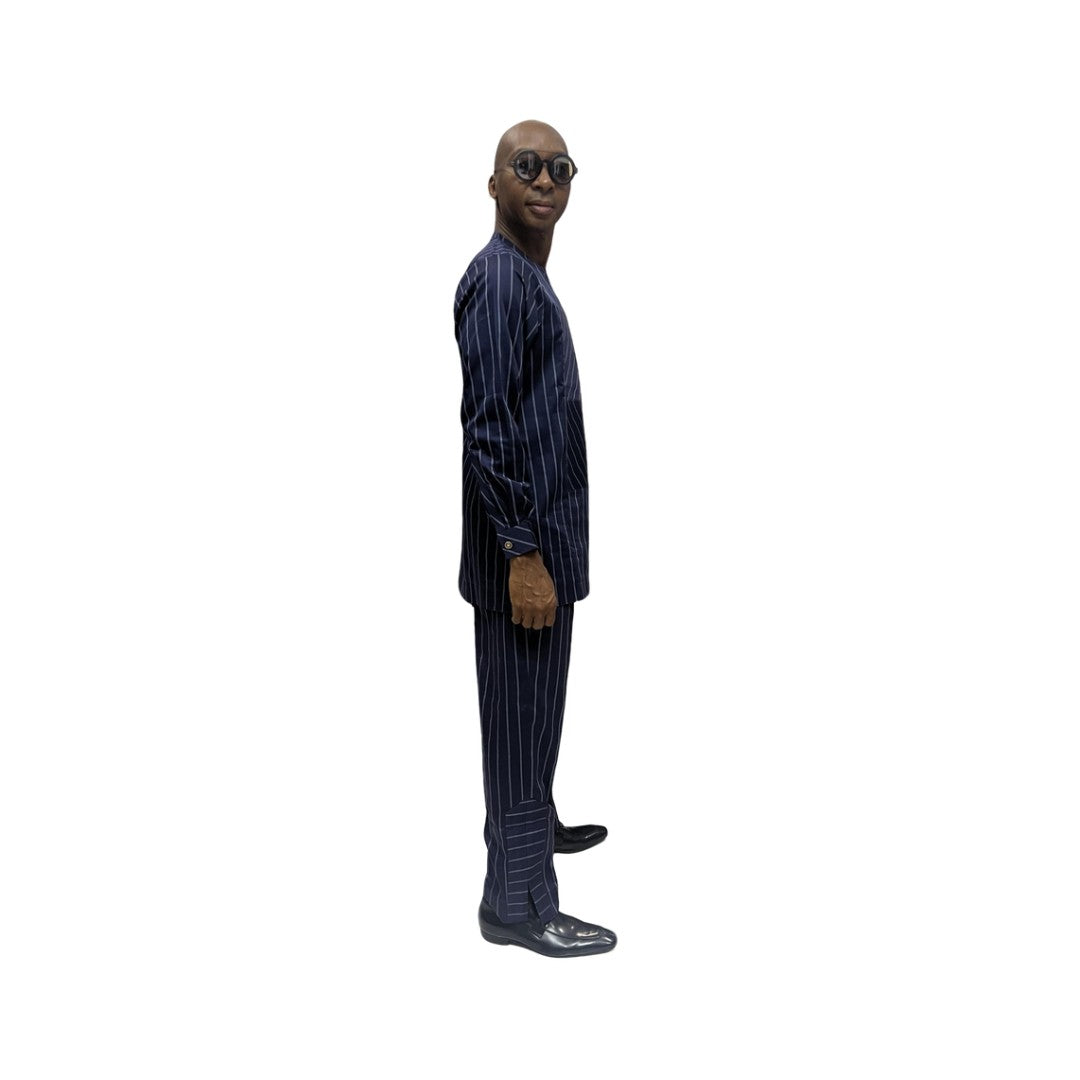Traditional Suit featuring a navy blue pinstripe pattern with a unique diagonal-stripe geometric chest panel and matching straight-leg trousers