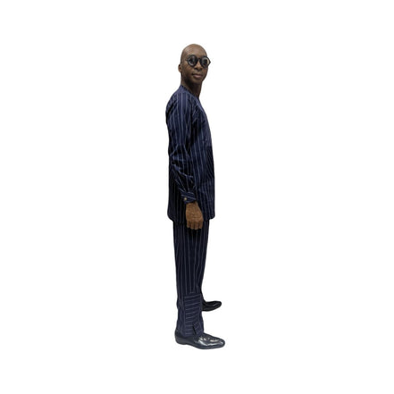 Traditional Suit featuring a navy blue pinstripe pattern with a unique diagonal-stripe geometric chest panel and matching straight-leg trousers