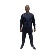 Traditional Suit featuring a navy blue pinstripe pattern with a unique diagonal-stripe geometric chest panel and matching straight-leg trousers