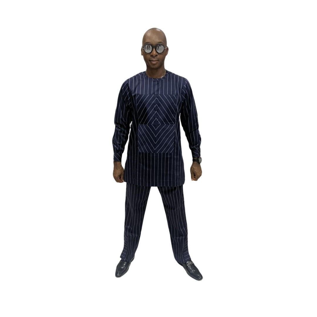 Traditional Suit featuring a navy blue pinstripe pattern with a unique diagonal-stripe geometric chest panel and matching straight-leg trousers