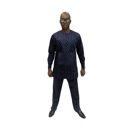 Traditional Suit featuring a navy blue pinstripe pattern with a unique diagonal-stripe geometric chest panel and matching straight-leg trousers