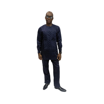 Traditional Suit featuring a navy blue pinstripe pattern with a unique diagonal-stripe geometric chest panel and matching straight-leg trousers