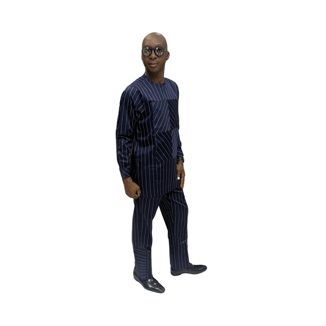 Traditional Suit featuring a navy blue pinstripe pattern with a unique diagonal-stripe geometric chest panel and matching straight-leg trousers