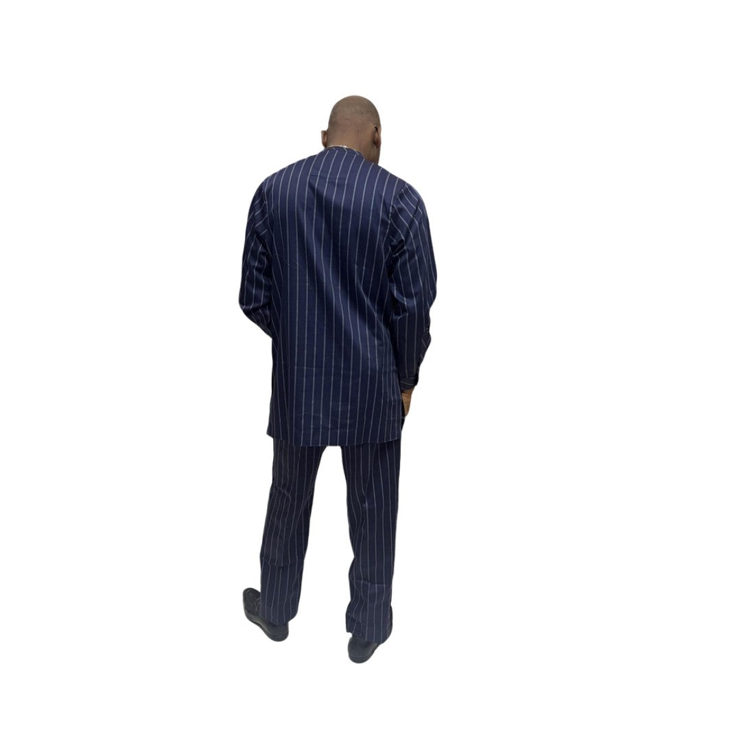 Traditional Suit featuring a navy blue pinstripe pattern with a unique diagonal-stripe geometric chest panel and matching straight-leg trousers
