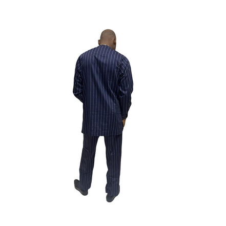 Traditional Suit featuring a navy blue pinstripe pattern with a unique diagonal-stripe geometric chest panel and matching straight-leg trousers
