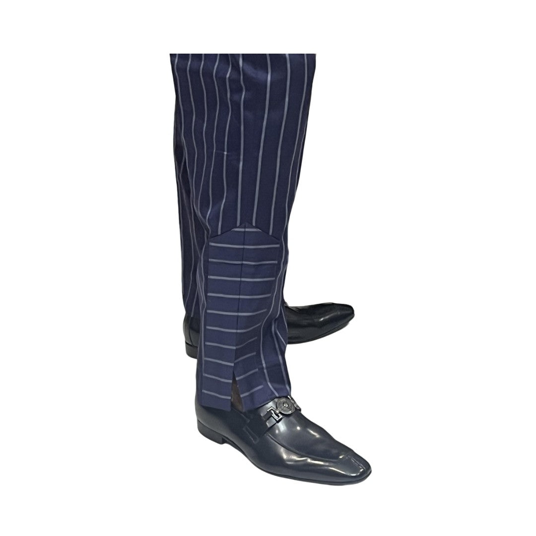 Traditional Suit featuring a navy blue pinstripe pattern with a unique diagonal-stripe geometric chest panel and matching straight-leg trousers