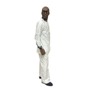 Two-piece matching outfit in white with dark plaid trim on the neckline and sleeves
