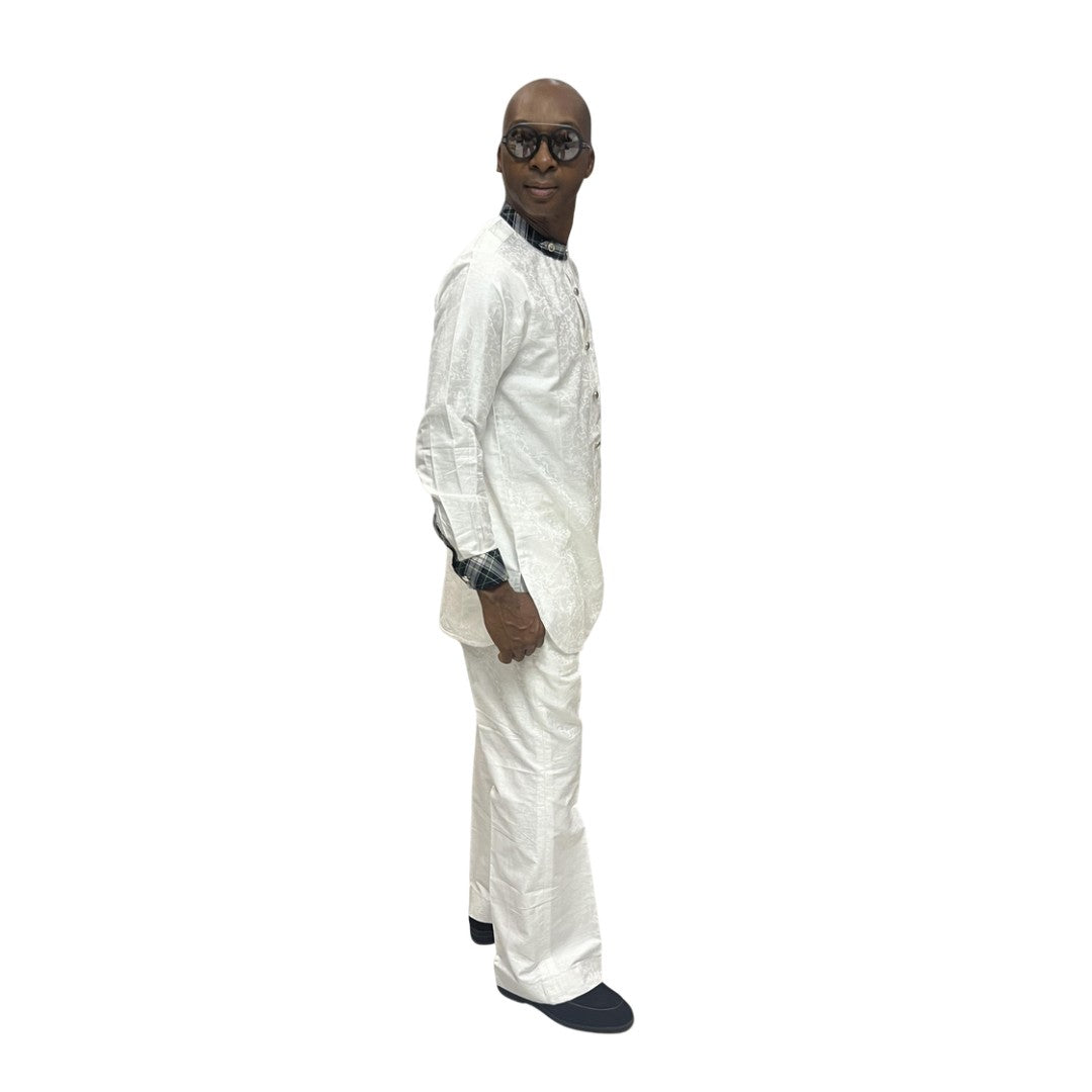 Two-piece matching outfit in white with dark plaid trim on the neckline and sleeves