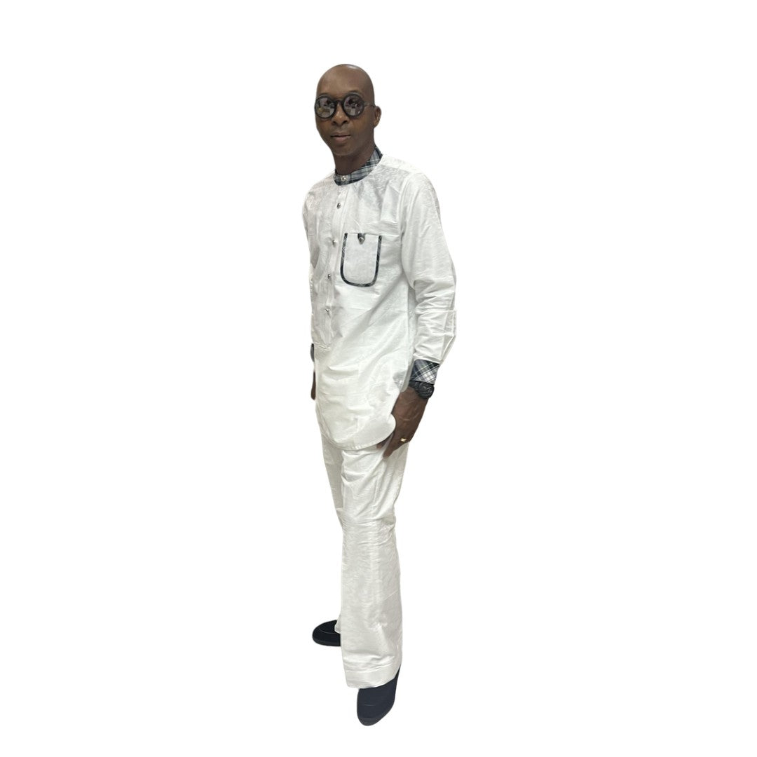 Two-piece matching outfit in white with dark plaid trim on the neckline and sleeves