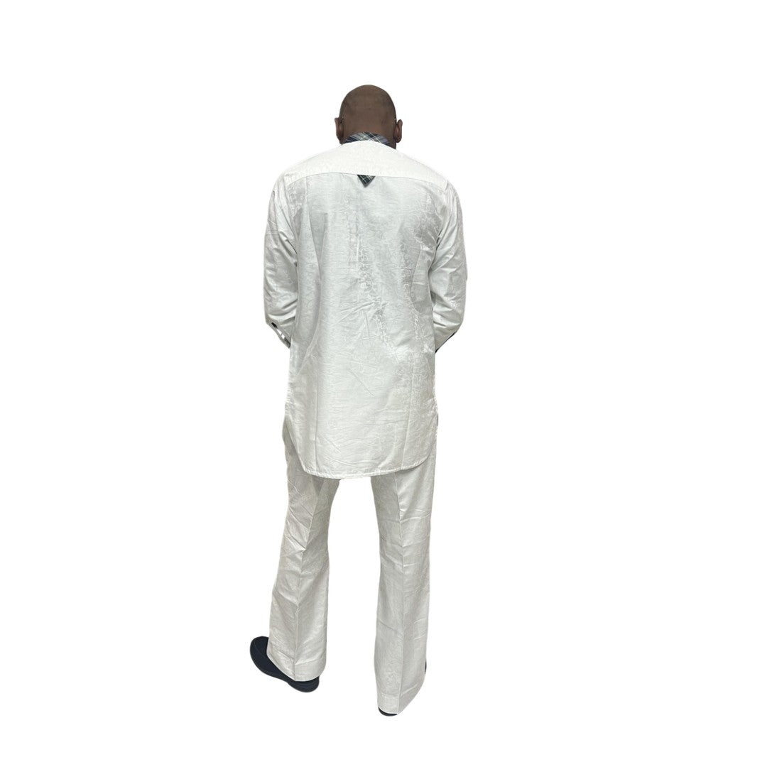 Two-piece matching outfit in white with dark plaid trim on the neckline and sleeves