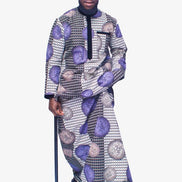Two-Piece Set featuring a long-sleeved Ankara shirt and a matching traditional wrapper in a purple, silver, and black houndstooth pattern, finished with a black velvet collar and vertical chest placket