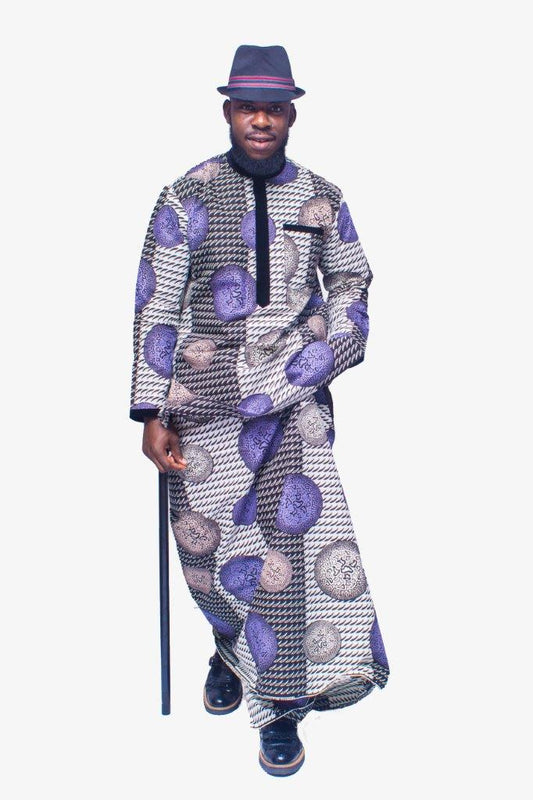 Two-Piece Set featuring a long-sleeved Ankara shirt and a matching traditional wrapper in a purple, silver, and black houndstooth pattern, finished with a black velvet collar and vertical chest placket