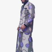 Two-Piece Set featuring a long-sleeved Ankara shirt and a matching traditional wrapper in a purple, silver, and black houndstooth pattern, finished with a black velvet collar and vertical chest placket