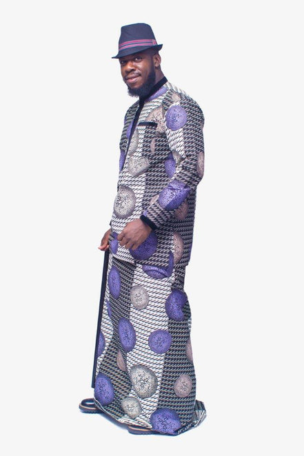 Two-Piece Set featuring a long-sleeved Ankara shirt and a matching traditional wrapper in a purple, silver, and black houndstooth pattern, finished with a black velvet collar and vertical chest placket
