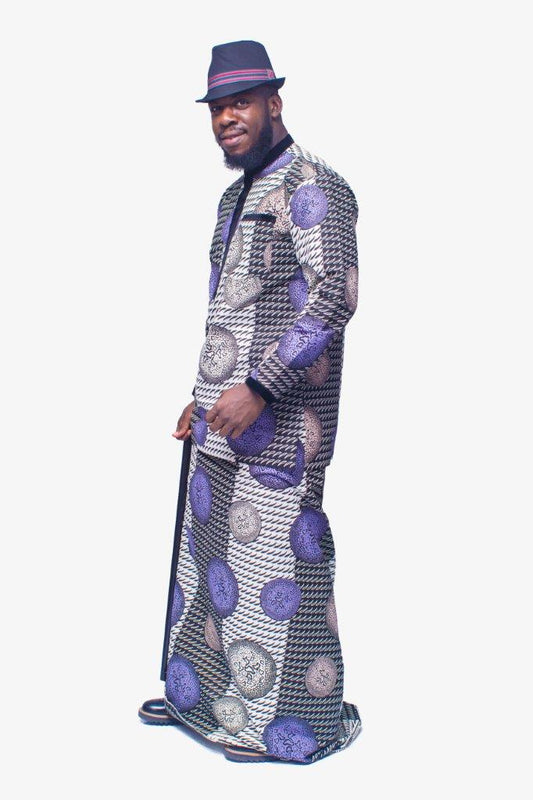 Two-Piece Set featuring a long-sleeved Ankara shirt and a matching traditional wrapper in a purple, silver, and black houndstooth pattern, finished with a black velvet collar and vertical chest placket