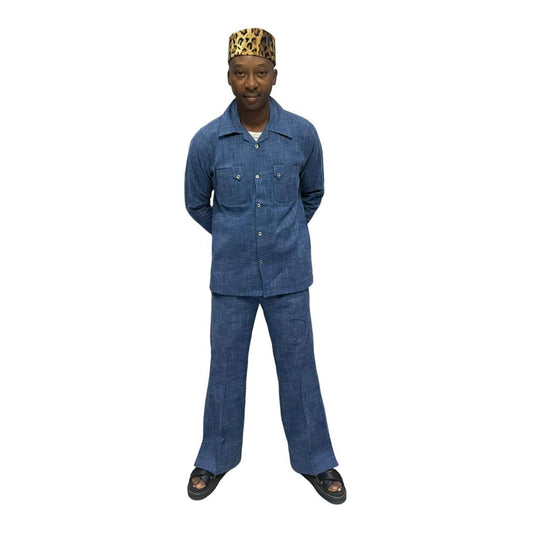 Two-Piece Set featuring a dark blue matching shirt and trousers with a clean neckline and minimalist silhouette.
