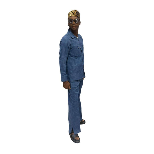Two-Piece Set featuring a dark blue matching shirt and trousers with a clean neckline and minimalist silhouette.