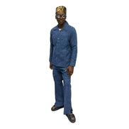 Two-Piece Set featuring a dark blue matching shirt and trousers with a clean neckline and minimalist silhouette.