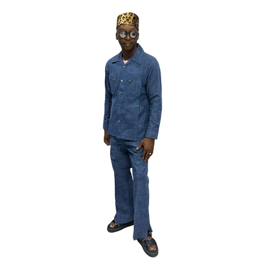 Two-Piece Set featuring a dark blue matching shirt and trousers with a clean neckline and minimalist silhouette.