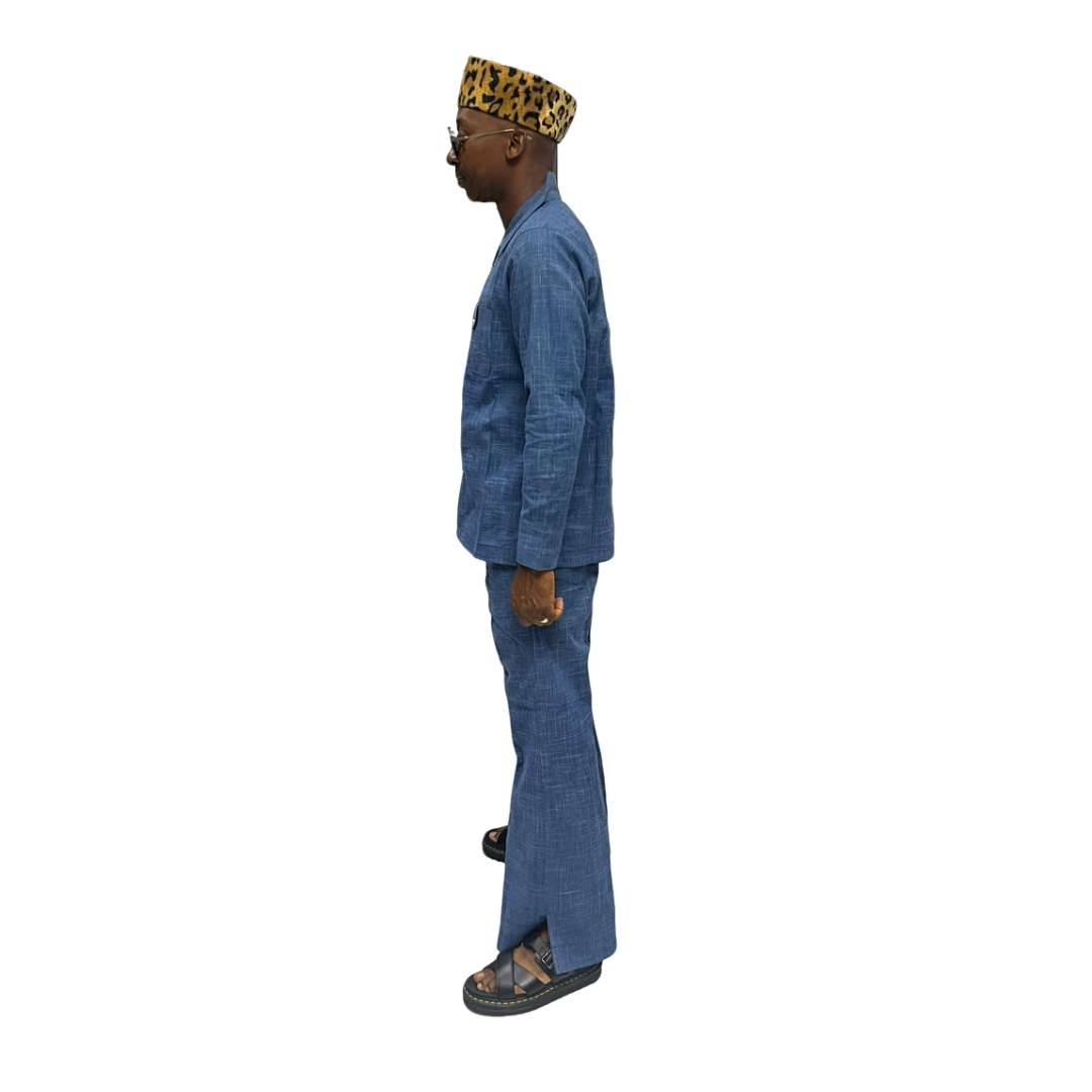 Two-Piece Set featuring a dark blue matching shirt and trousers with a clean neckline and minimalist silhouette.