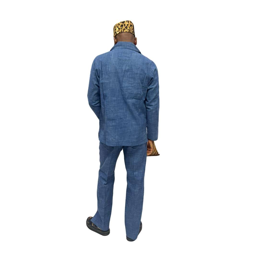 Two-Piece Set featuring a dark blue matching shirt and trousers with a clean neckline and minimalist silhouette.