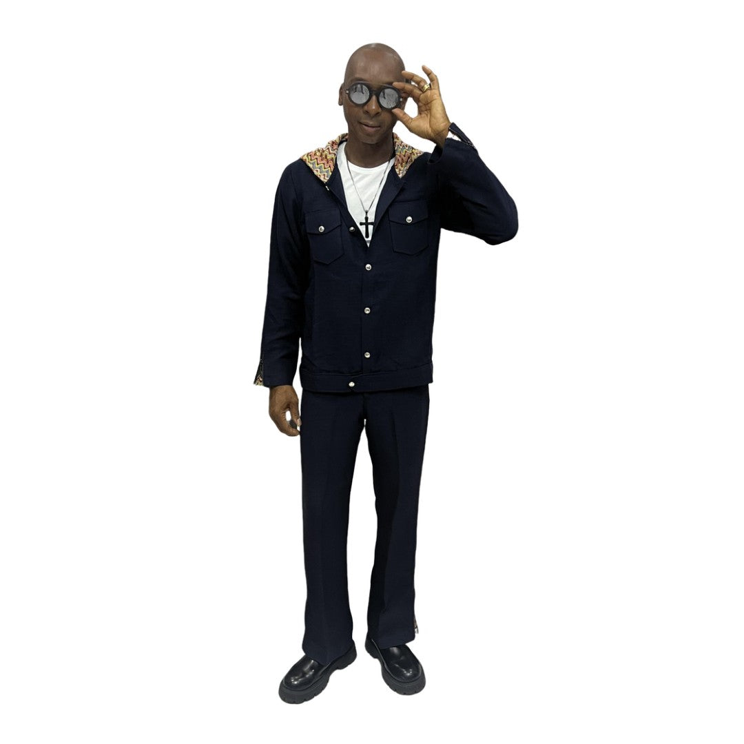 Two-Piece Set featuring a dark blue button-down hoodie with a colorful patterned hood lining and matching trousers
