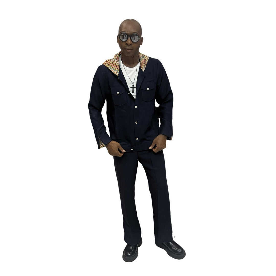 Two-Piece Set featuring a dark blue button-down hoodie with a colorful patterned hood lining and matching trousers