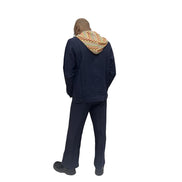 Two-Piece Set featuring a dark blue button-down hoodie with a colorful patterned hood lining and matching trousers