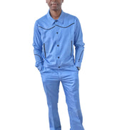 Azure blue two-piece set featuring a long-sleeved cowboy-style jacket with black western piping and matching tailored trousers. -Front View