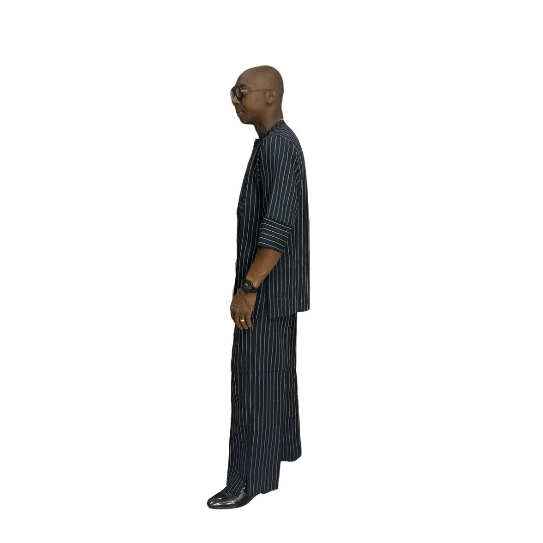 Two-Piece Set featuring a deep blue, white-striped short-sleeved tunic shirt with structured cuffs paired with matching wide-leg pinstripe trousers