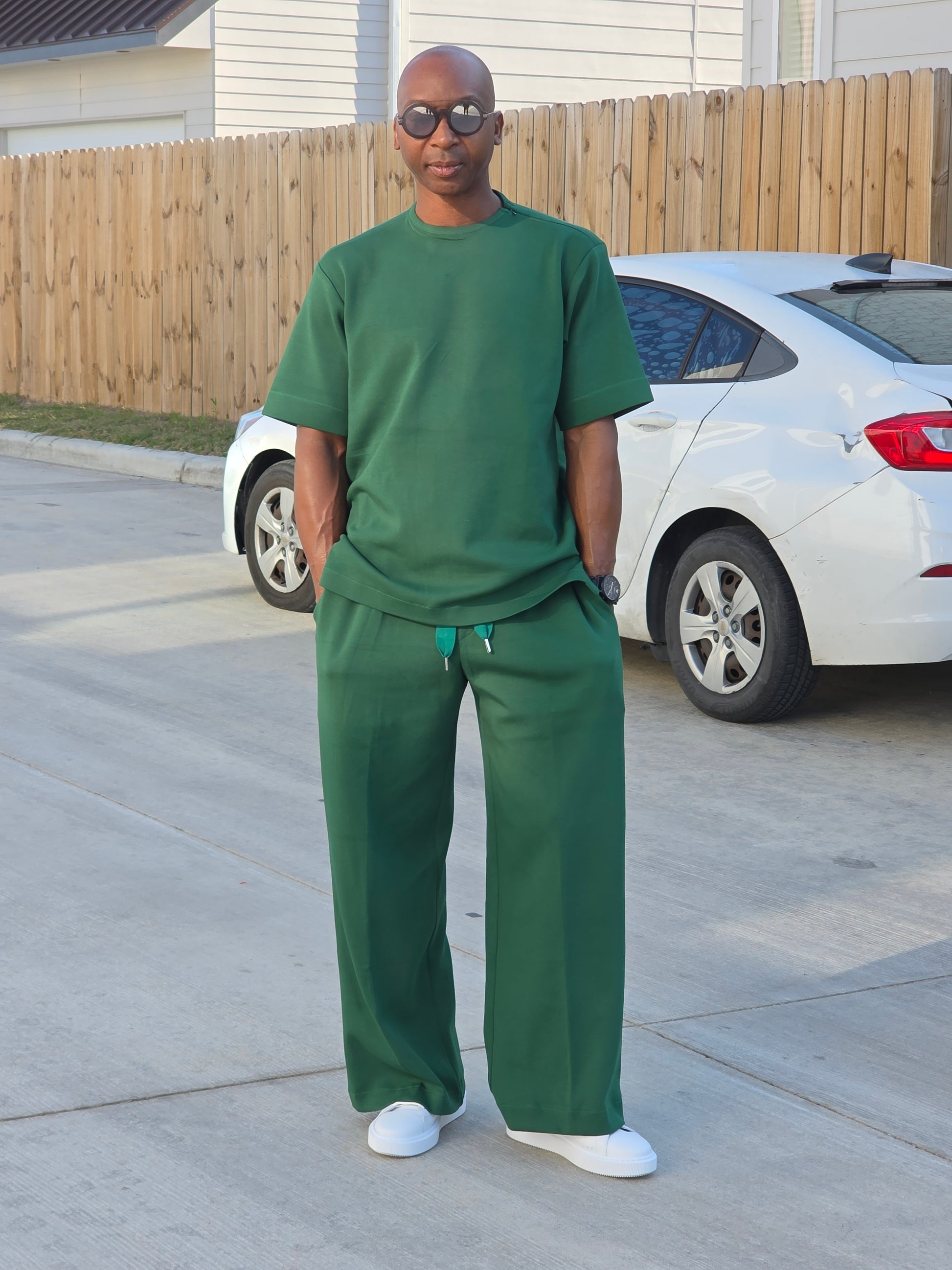 Forest emerald two-piece set featuring a boxy short-sleeved crewneck top and matching wide-leg trousers. - Men's Casual Wear