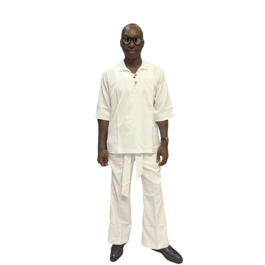 Two-Piece Set featuring a crisp white short-sleeved tunic top with a structured collar, metallic button detailing, and matching wide-leg trousers accented by an integrated fabric belt tie