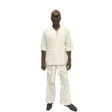 Two-Piece Set featuring a crisp white short-sleeved tunic top with a structured collar, metallic button detailing, and matching wide-leg trousers accented by an integrated fabric belt tie