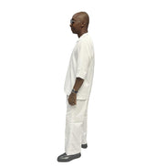 Two-Piece Set featuring a crisp white short-sleeved tunic top with a structured collar, metallic button detailing, and matching wide-leg trousers accented by an integrated fabric belt tie