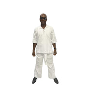 Two-Piece Set featuring a crisp white short-sleeved tunic top with a structured collar, metallic button detailing, and matching wide-leg trousers accented by an integrated fabric belt tie
