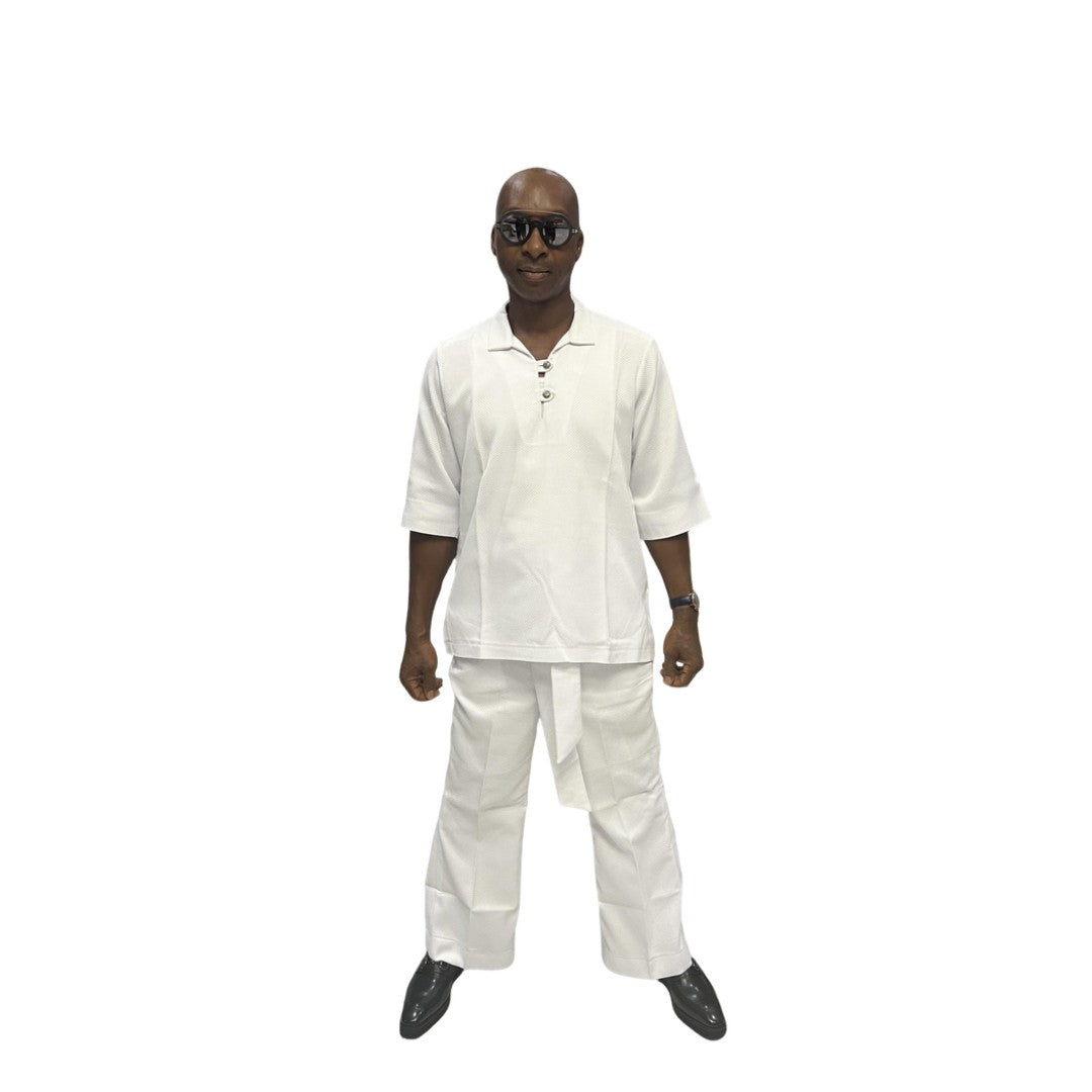 Two-Piece Set featuring a crisp white short-sleeved tunic top with a structured collar, metallic button detailing, and matching wide-leg trousers accented by an integrated fabric belt tie