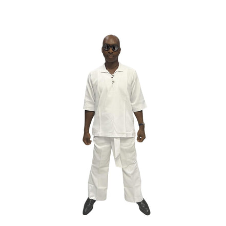 Two-Piece Set featuring a crisp white short-sleeved tunic top with a structured collar, metallic button detailing, and matching wide-leg trousers accented by an integrated fabric belt tie
