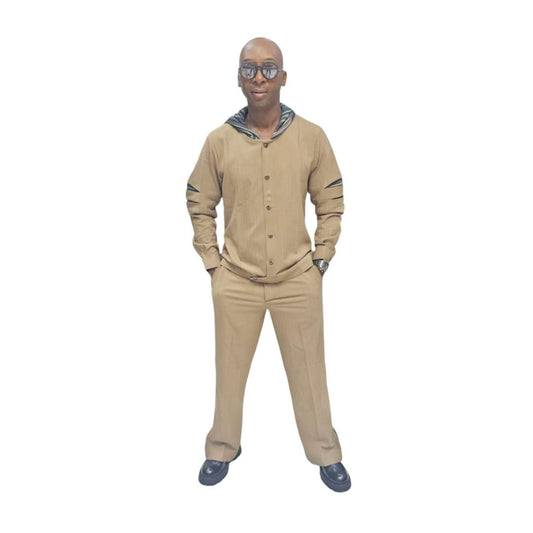 Two-Piece Set featuring a tan button-down shirt with a multicolored striped hoodie and arm cut-outs, paired with matching straight-leg trousers
