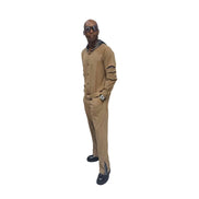Two-Piece Set featuring a tan button-down shirt with a multicolored striped hoodie and arm cut-outs, paired with matching straight-leg trousers