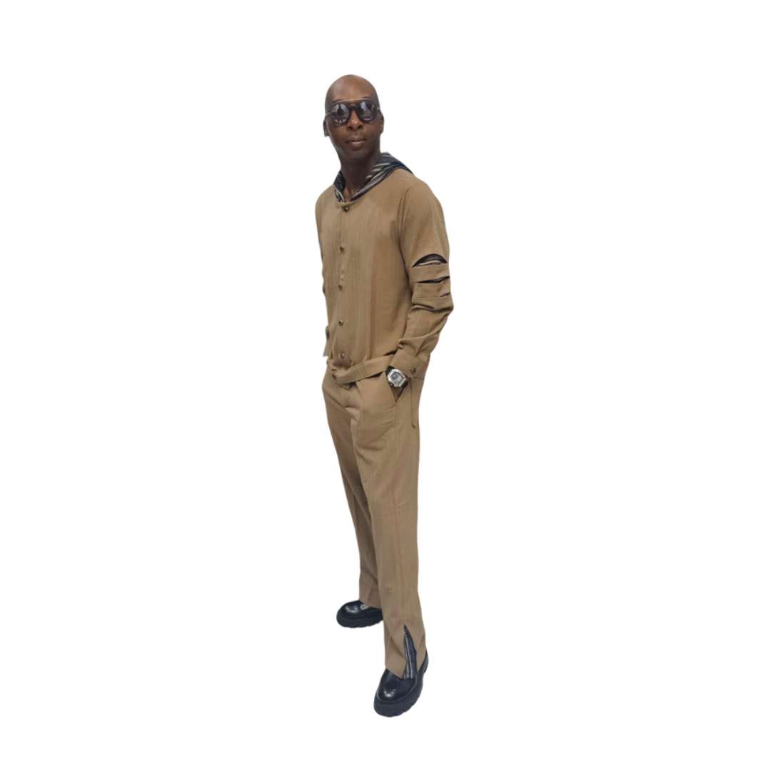 Two-Piece Set featuring a tan button-down shirt with a multicolored striped hoodie and arm cut-outs, paired with matching straight-leg trousers