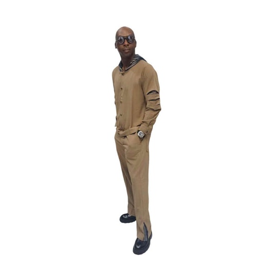 Two-Piece Set featuring a tan button-down shirt with a multicolored striped hoodie and arm cut-outs, paired with matching straight-leg trousers