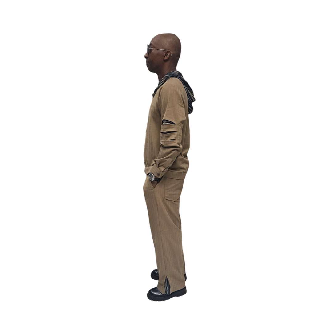 Two-Piece Set featuring a tan button-down shirt with a multicolored striped hoodie and arm cut-outs, paired with matching straight-leg trousers