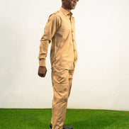 Two-Piece Set featuring a beige long-sleeved button-down shirt with shoulder epaulets and matching cargo-style trousers with side pockets.