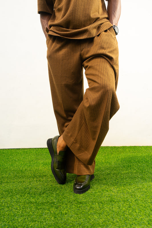 Two-Piece Set featuring a brown short-sleeved top and matching trousers in a textured weave with a simple crew neckline and relaxed silhouette. Bottoms View