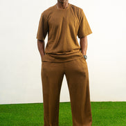 Two-Piece Set featuring a brown short-sleeved top and matching trousers in a textured weave with a simple crew neckline and relaxed silhouette.