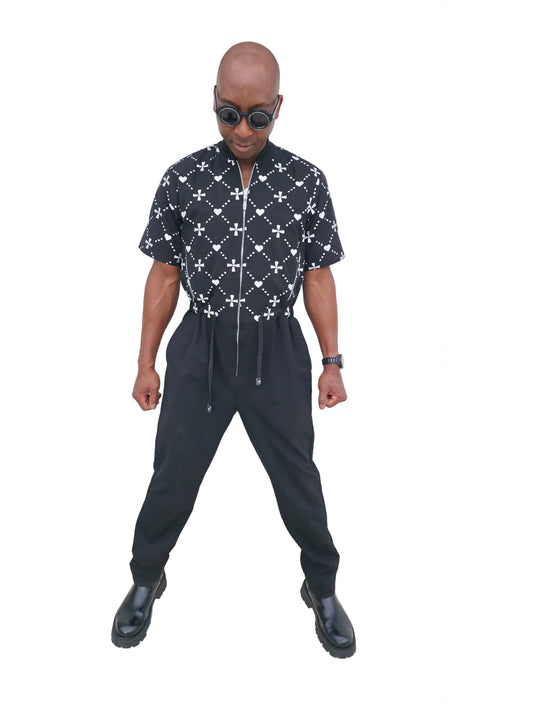 Urban Heritage short-sleeve utility jumpsuit featuring a black and white geometric -Front View