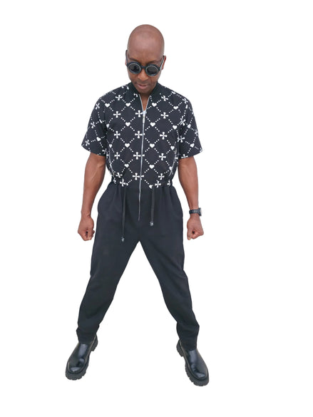 Urban Heritage short-sleeve utility jumpsuit featuring a black and white geometric -Front View