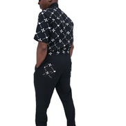 Urban Heritage short-sleeve utility jumpsuit featuring a black and white geometric - Back View
